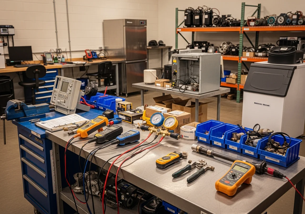 Commercial kitchen repair shop with tools and equipment on workbenches, ready for service calls.