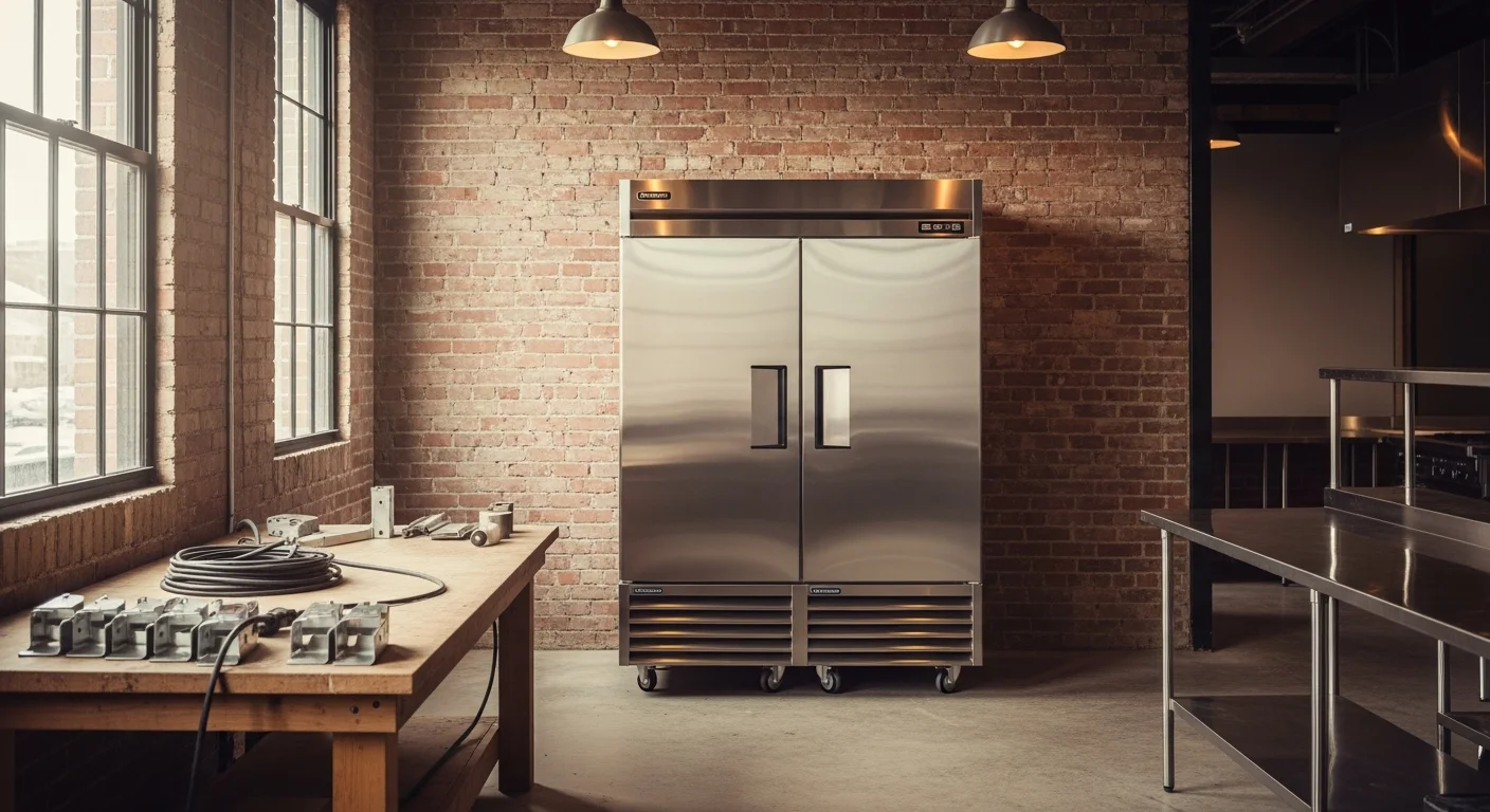 Commercial refrigeration unit being installed in restaurant kitchen