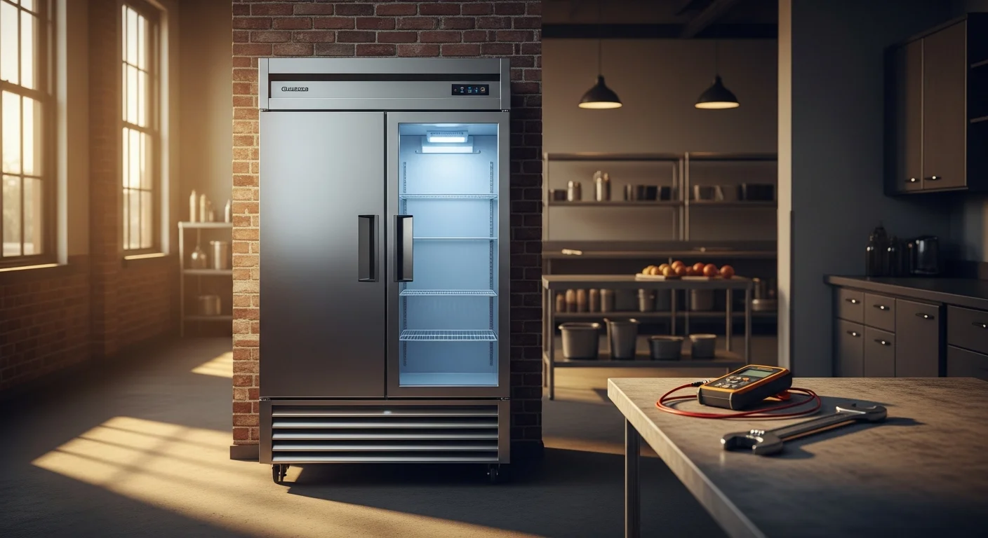 Commercial kitchen equipment repair technician working on restaurant refrigeration unit