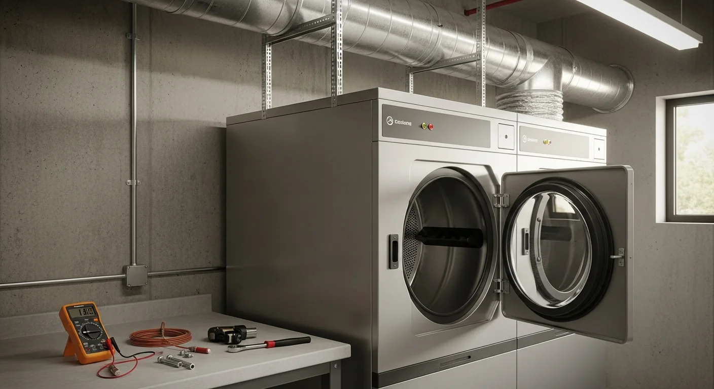 A commercial dryer unit installed against a utility wall in a Covington business laundry room, with rigid metal exhaust ductwork routed to an exterior termination point. The electrical connection and make-up air vent are visible, showing a complete code-ready commercial installation.