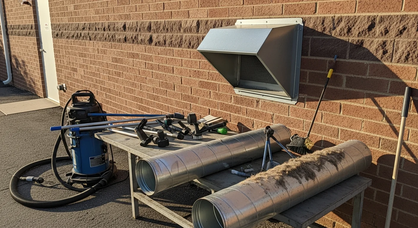 A Gibson Protech technician cleaning a commercial dryer vent duct at a Covington business, with professional equipment connected to the vent opening. The laundry room shows a row of commercial dryers with duct access panels open for inspection.