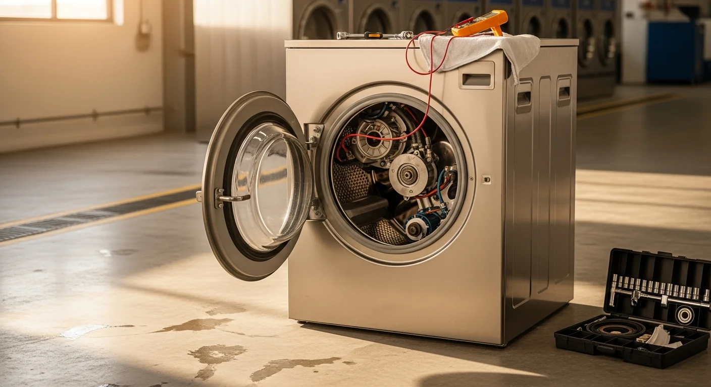 A Gibson Protech technician inspecting the drum and control panel of a commercial front-load washer inside a Covington, Louisiana laundry facility. The machine is open for service with diagnostic tools visible on a nearby cart.