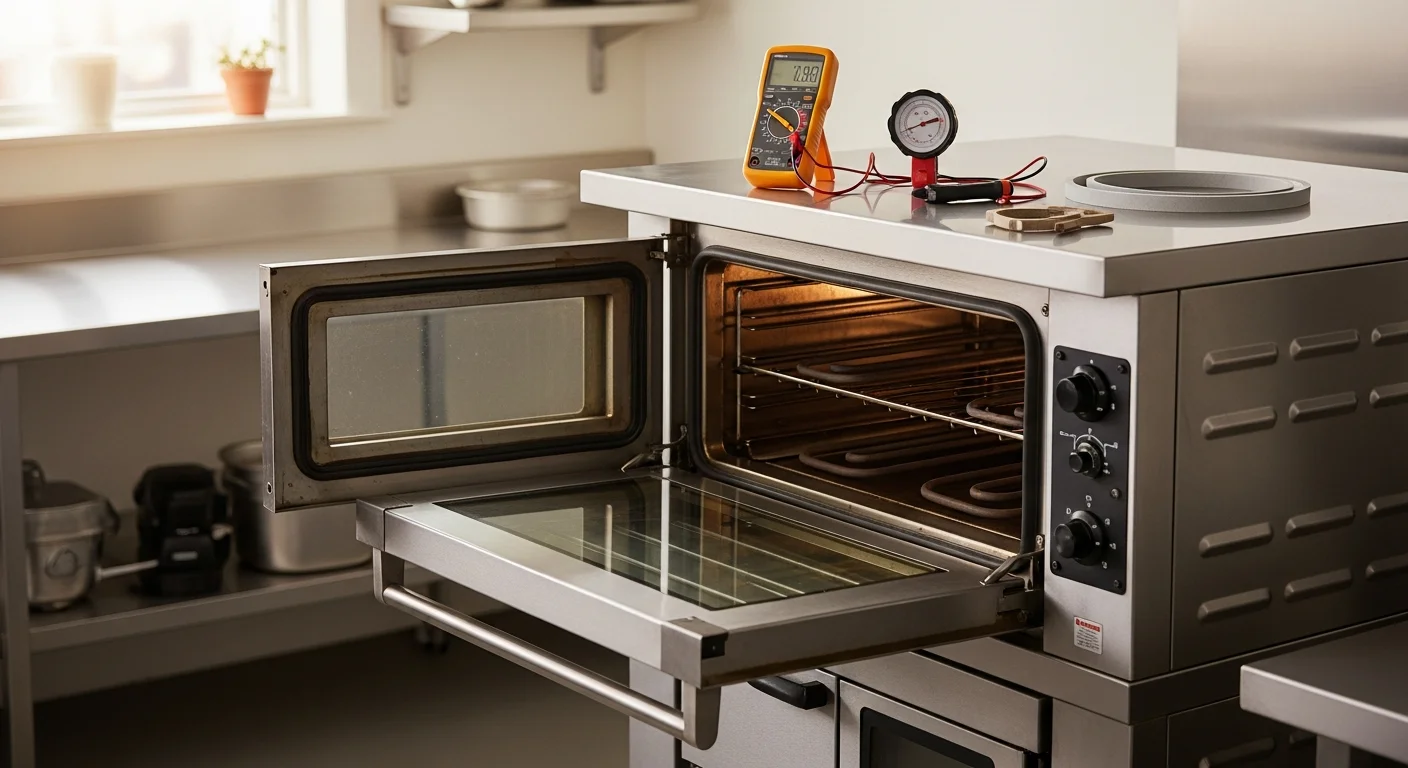 A Gibson Protech appliance repair technician inspecting the interior heating elements of a commercial convection oven inside a Covington restaurant kitchen. The oven door is open and the technician is using a diagnostic tool to check the thermostat.