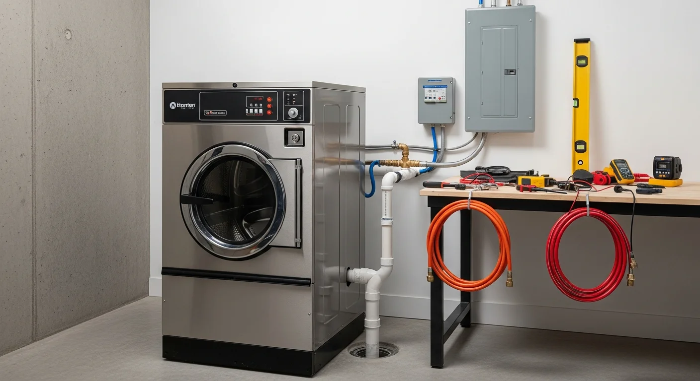 A commercial washer installed and leveled inside a utility room at a Covington, Louisiana business, with visible water supply lines and a dedicated electrical connection secured to the wall.