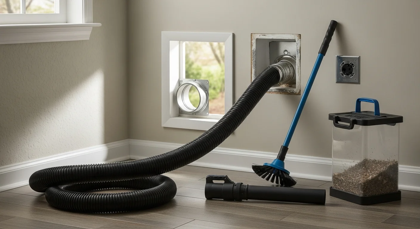 A Gibson Protech HVAC technician removing lint buildup from a residential dryer vent line at a Covington home. The exterior vent cap and cleaned duct connection are visible after service.