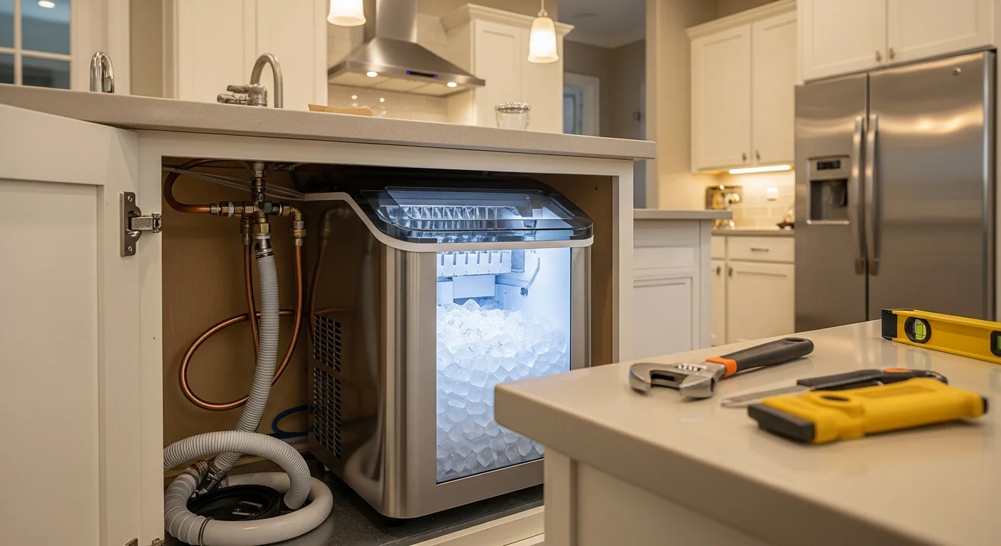 A technician from Gibson Protech connecting the water supply line to a newly installed undercounter ice machine in a Covington kitchen. The unit is level and positioned with proper clearance on all sides.