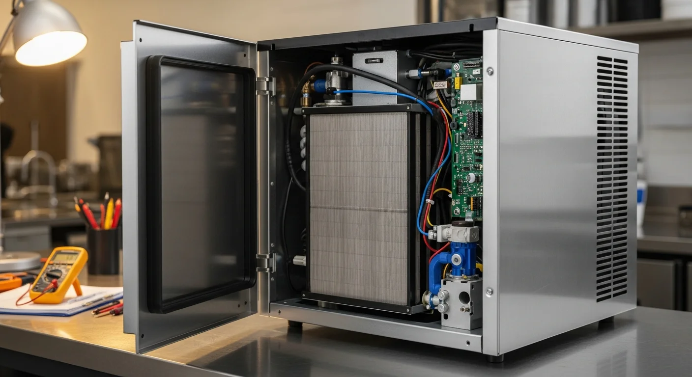 A Gibson Protech appliance repair technician inspecting the internal components of a residential ice machine in a Covington, Louisiana home. The technician examines the condenser coils and water inlet valve during a diagnostic service call.