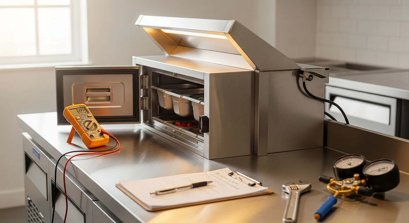A commercial refrigerated prep table with open ingredient pans in a Covington restaurant kitchen, showing a technician inspecting the compressor compartment at the base of the unit.