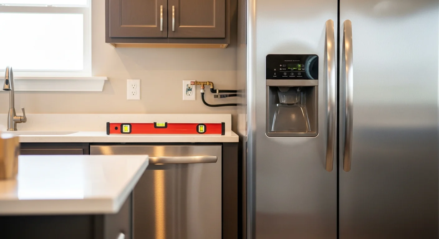 A technician from Gibson Protech positioning a refrigerator into a kitchen cabinet space during a residential installation in Covington, Louisiana. The installer is checking the unit's level and verifying the water line connection at the rear of the appliance.