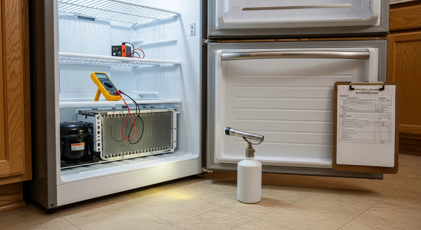A Gibson Protech appliance repair technician inspecting the interior cooling components of a residential refrigerator in a Covington, Louisiana kitchen. The technician is examining the evaporator area with a diagnostic tool.
